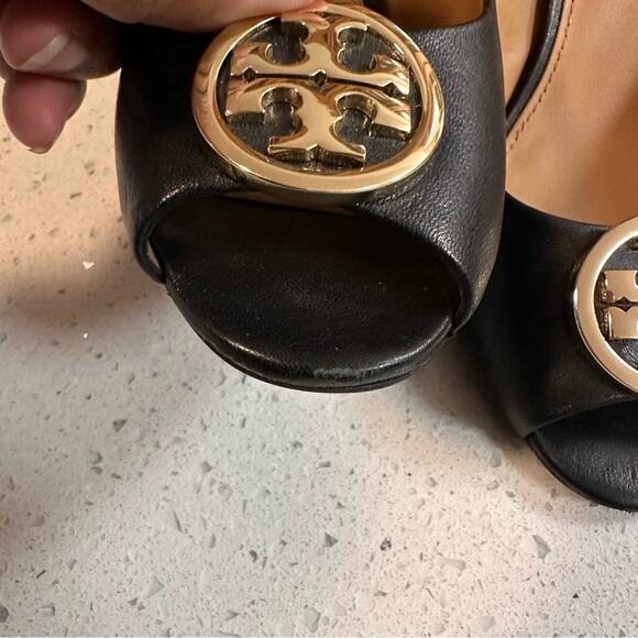 Tory Burch Black Leather Wedge Peep Toe Pumps Shoes Size 9 Missing heel cap - Picture 6 of 13